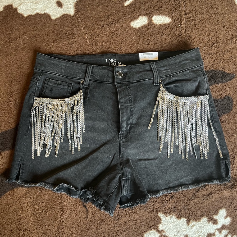 Rhinestone fringe cut off shorts